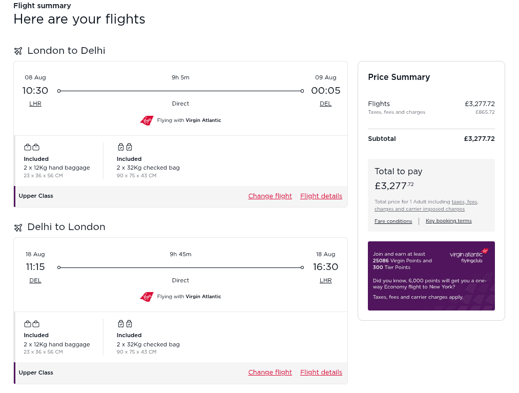 Virgin Atlantic Upper Class flight summary London to Delhi with return Delhi to London showing fare details and baggage allowance