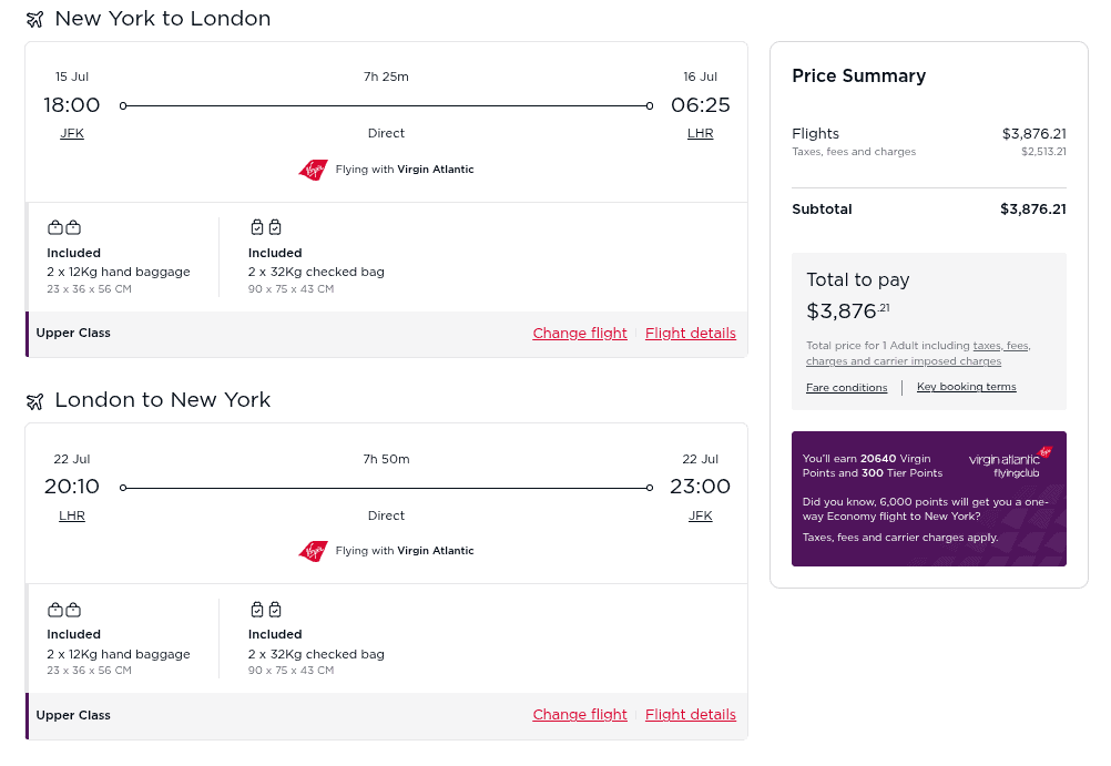 Virgin Atlantic Upper Class flight summary from New York to London and return, showing fare price and baggage allowance.