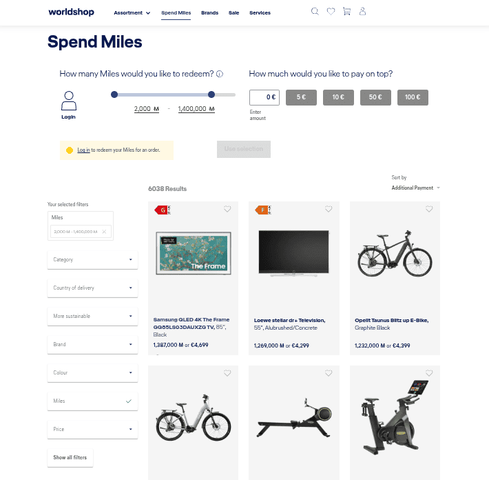 Spend Miles displays a rewards catalog from the Miles & More frequent flyer program.