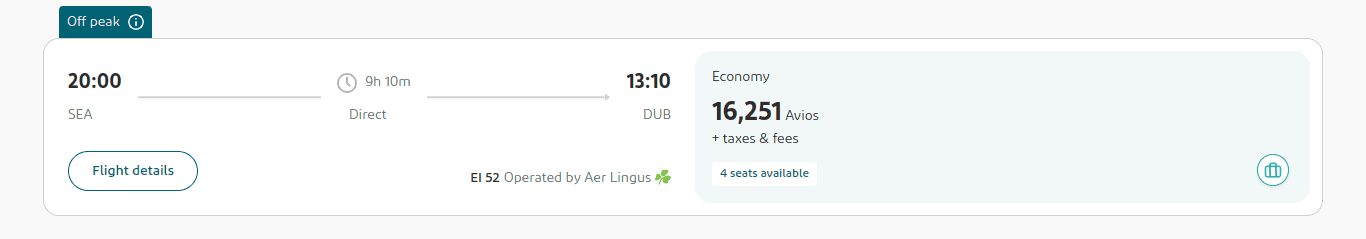 Flight search result showing a nonstop flight from SEA to DUB, departing at 20:00 and arriving at 13:10 after 9h 10m. Economy seat for 16,251 Avios points plus taxes, with 4 seats available.