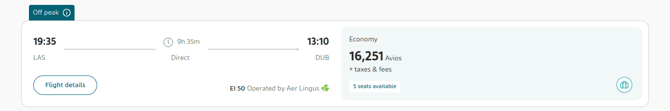 Flight search result showing a direct flight from LAS to DUB, departing at 19:35 and arriving at 13:10, with a duration of 9h 35m. Economy seats available for 16,251 Avios plus taxes and fees.