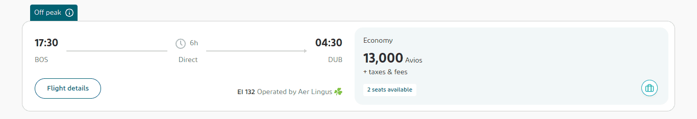 Flight booking summary showing a direct off-peak flight from BDS at 17:30 to DUB at 04:30, 6-hour duration, operated by Aer Lingus. Economy class for 13,000 Avios plus taxes; 2 seats available.