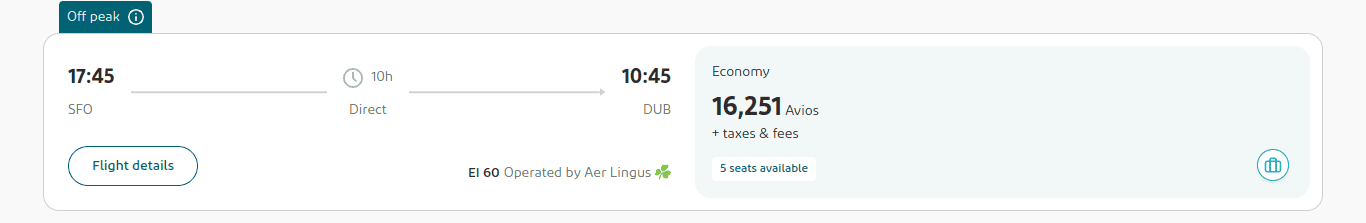 Flight booking summary: Direct two card trip from SFO to DUB, departing at 17:45 and arriving at 10:45. Economy seat to Ireland available for 16,251 Avios plus taxes and fees;