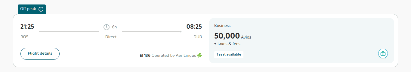 Flight booking summary for a direct 6-hour business class flight from BDS to DUB—perfect for your two card trip to Ireland. Departs at 21:25, arrives at 08:25. Costs 50,000 Avios plus taxes and fees. Only 1 seat available.