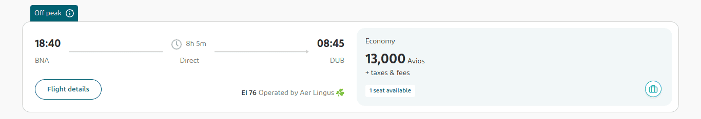 Flight booking screen for a two card trip to Ireland: off-peak direct flight from BNA at 18:40 to DUB at 08:45, Economy, 13,000 Avios plus taxes and fees. One seat available. Flight operated by Aer Lingus.
