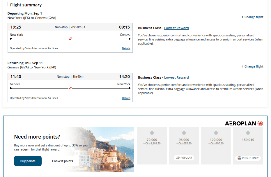Flight booking summary: Non-stop business class flights from New York (JFK) to Geneva (GVA) on Sept 1, returning Sept 11. Includes Swiss International Air Lines and Aeroplan points options, with a promotional image of a scenic European town.