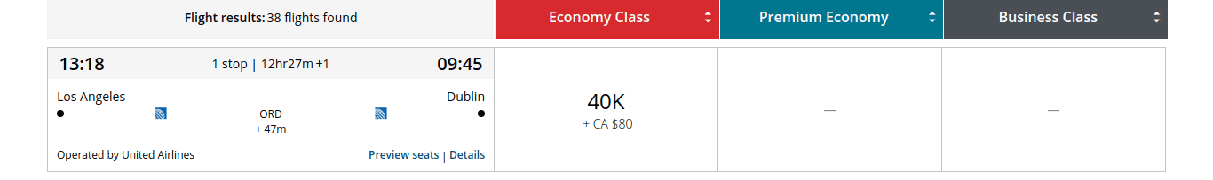 Flight search result: 1 stop from Los Angeles (13:18) to Dublin (09:45), total 10h 27m plus 41m layover in Chicago, operated by United Airlines. Economy Class available for 40K miles plus $193. No premium or business class.