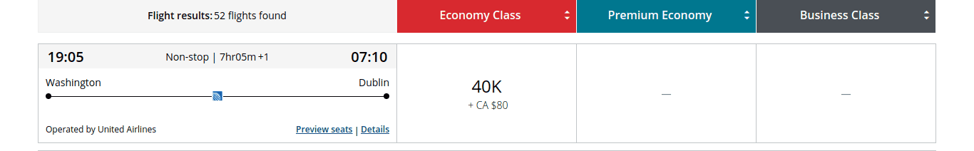 Flight search result showing a nonstop United Airlines flight from Washington (19:05) to Dublin (07:10). Economy Class costs 40,000 miles plus $98.90. Premium Economy and Business Class options are unavailable.
