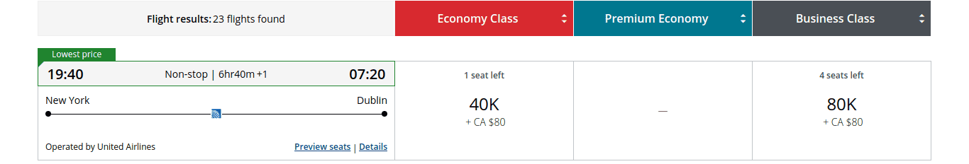 Flight search result: Non-stop flight from New York to Dublin, departs 19:40, arrives 07:20. Economy Class: 1 seat left, 40K miles + $98. Premium Economy: not available. Business Class: 4 seats left, 80K miles + $98.