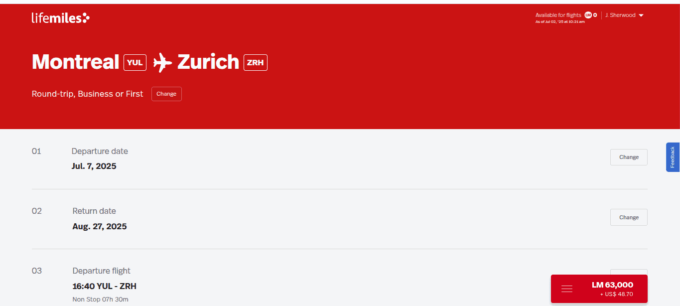Screenshot of a LifeMiles flight search result: Montreal (YUL) to Zurich (ZRH), round-trip business or first class, with departure July 7, 2025, return August 27, 2025, nonstop flight option, costing 63,000 miles plus $47.87.
