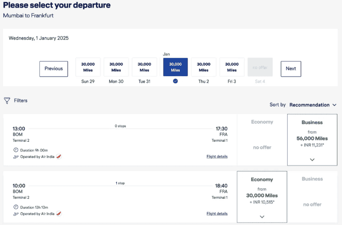 Flight booking page award flights through Miles & More for Mumbai to Frankfurt on January 1, 2025, showing two flight options with durations and miles required. Economy and Business classes displayed, with selectable departure dates and filter options visible.