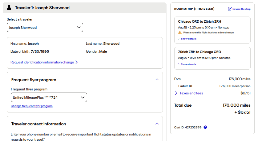 Screenshot of a flight booking summary for Joseph Sherwood. It shows traveler details, frequent flyer info, and a roundtrip itinerary from Chicago ORD to Zürich ZRH, costing 176,000 miles plus $67.51 in taxes and fees.