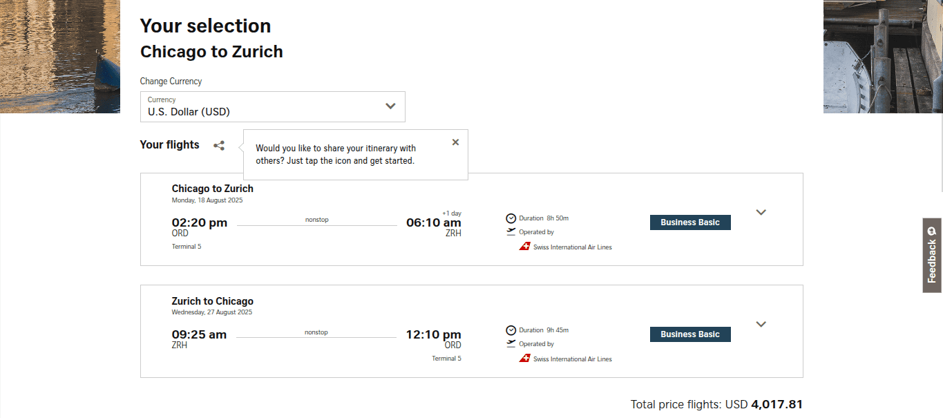 Flight booking summary page showing selected flights from Chicago to Zurich and back, with departure and arrival times, classes as Business Basic, and total price of USD 4,017.81 displayed at the bottom.