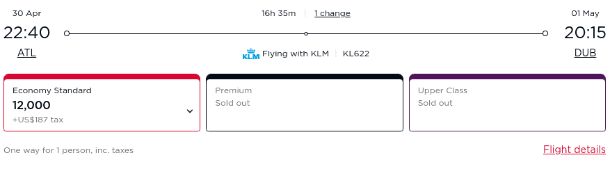Flight booking screen showing a KLM flight KL622 from Atlanta (ATL) at 22:40 on April 30 to Dublin (DUB) at 20:15 on May 1, with Economy Standard for 12,000 miles plus $187 tax; Premium and Upper Class sold out.