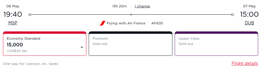 Flight booking summary showing a 13h 20m Air France flight from MSP to DUB on May 6-7. Economy available for 15,000 points plus $24 tax; Premium and Upper Class are sold out. “Flight details” link at bottom right.