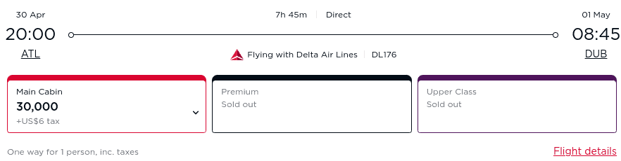 Flight booking for Delta Air Lines from ATL to DUB, departing April 30 at 20:00 and arriving May 1 at 08:45. Main Cabin available for 30,000 miles plus $56 tax. Premium and Upper Class sold out.