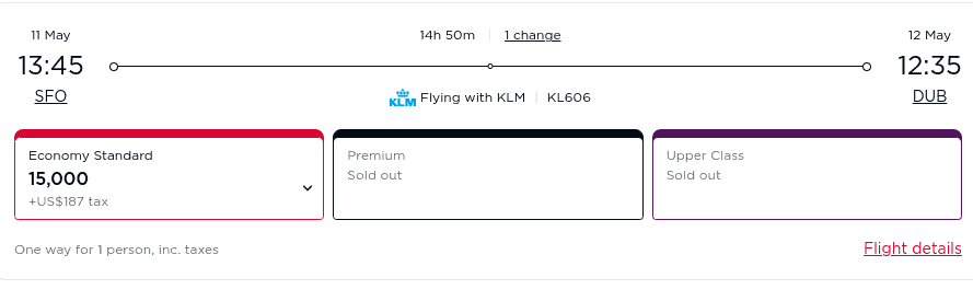 A flight booking screen shows a KLM flight from SFO to DUB, departing May 11 at 13:45 and arriving May 12 at 12:35. Economy Standard is available for 15,000 miles plus $187 tax; Premium and Upper Class are sold out.