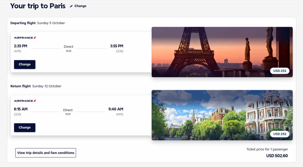 Air France trip summary showing Amsterdam to Paris round-trip fares