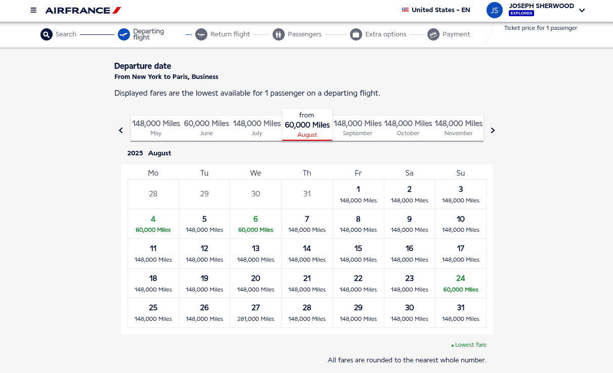 Air France mileage calendar for August 2025 showing business class availability from New York to Paris
