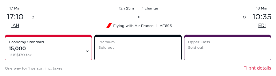 Air France economy award flight from Houston (IAH) to Edinburgh (EDI) in March 2025 showing 15,000 miles plus $170 tax.