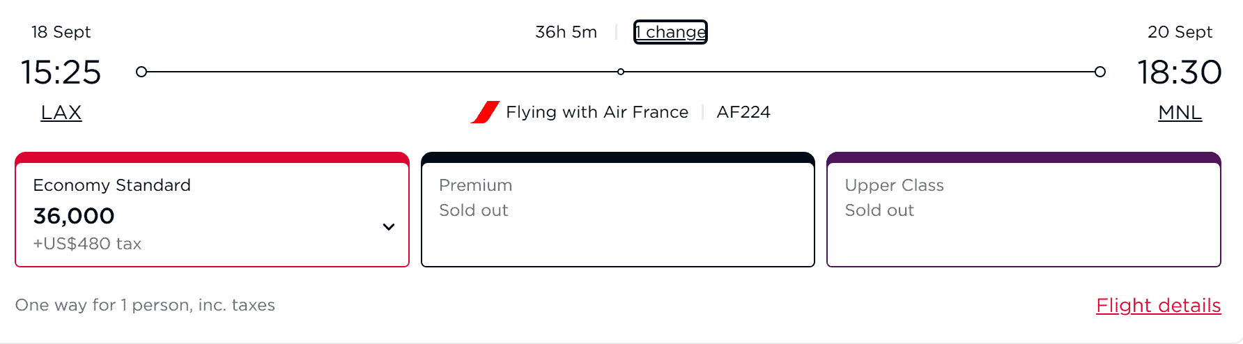 Air France award chart showing 36,000 miles economy flight from Los Angeles to Manila with taxes September 2025