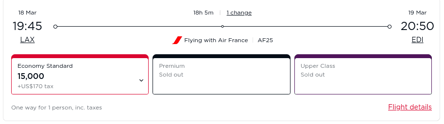 Air France economy flight from Los Angeles to Edinburgh with one stop, showing 15,000 miles plus $170 tax fare on March 18, 2025.