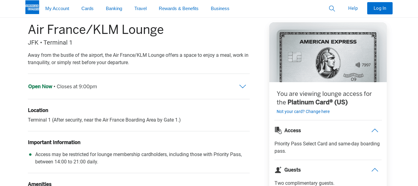 Air France KLM Lounge at JFK Terminal 1 with seating and amenities