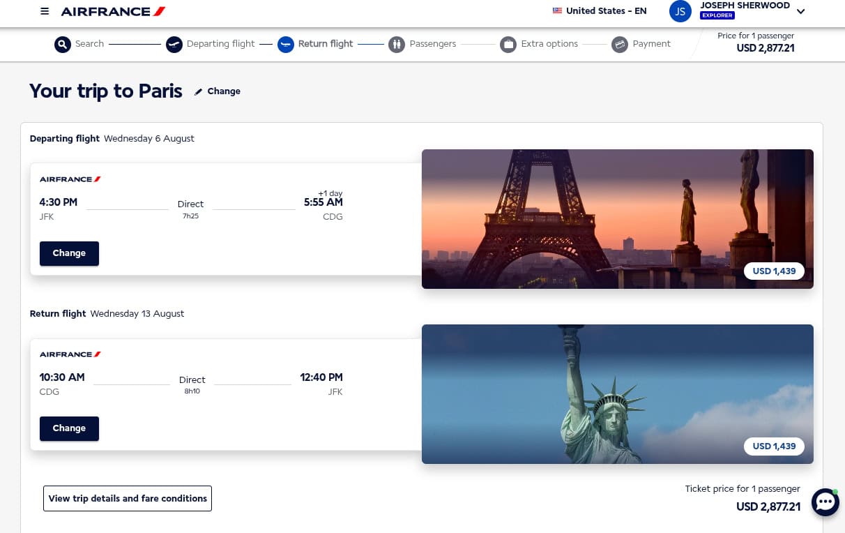 Air France round-trip cash fare for JFK to Paris in August 2025