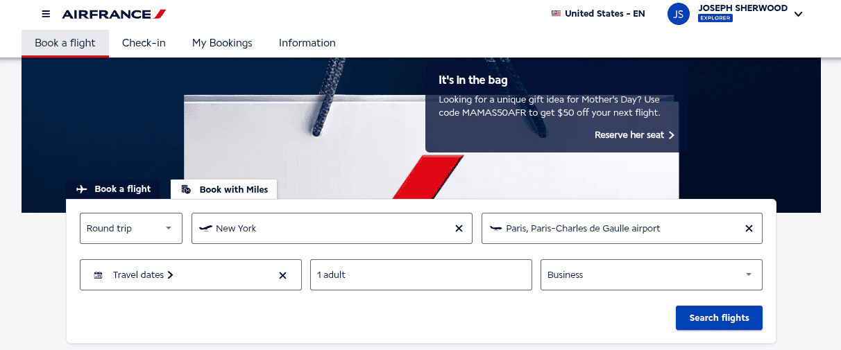 Air France booking search page for round-trip business class from New York to Paris