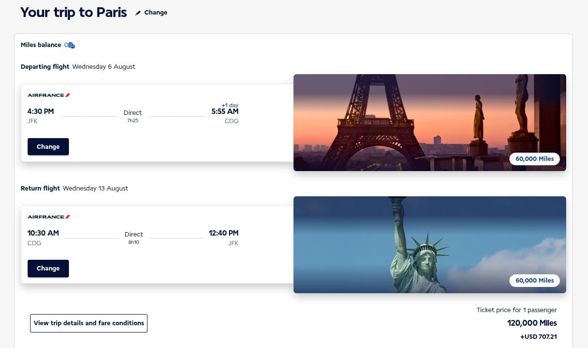 Air France award booking for round-trip business class from JFK to Paris for 120,000 miles