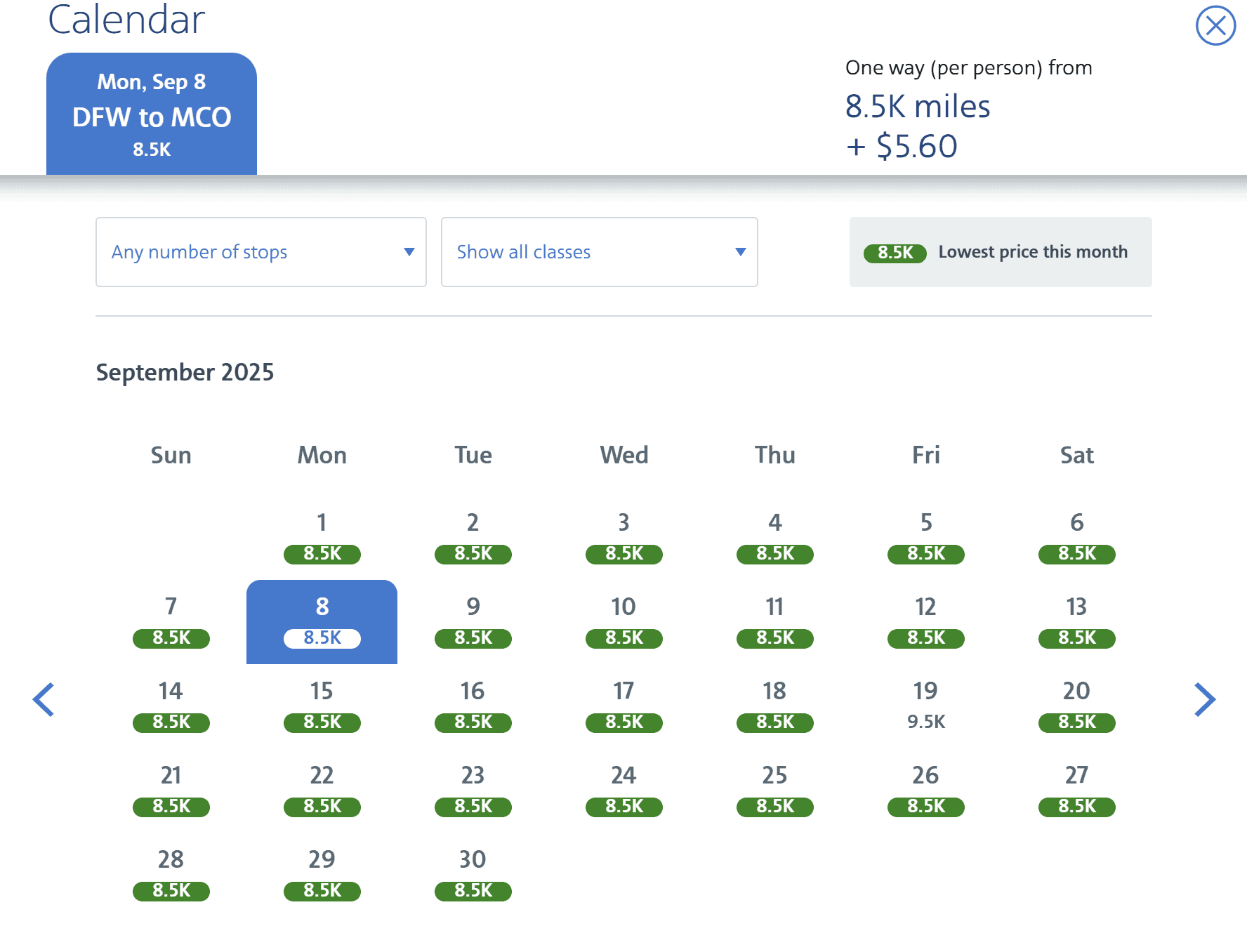 American Airlines award calendar for September 2025 showing 8,500 AAdvantage miles fares from Dallas to Orlando.