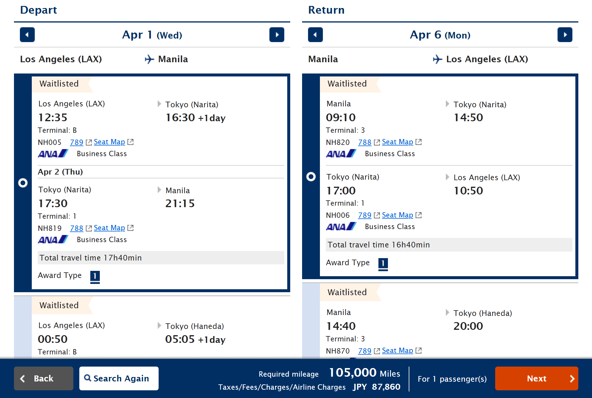 A round-trip flight itinerary from Los Angeles (LAX) to Manila (MNL) in business class operated by ANA (All Nippon Airways), showing the required mileage.