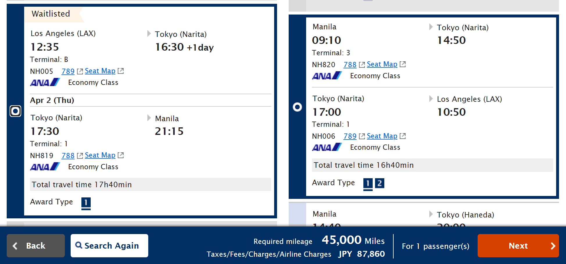 A round-trip flight itinerary from Los Angeles (LAX) to Manila (MNL) operated by ANA (All Nippon Airways), showing the required mileage and fees.