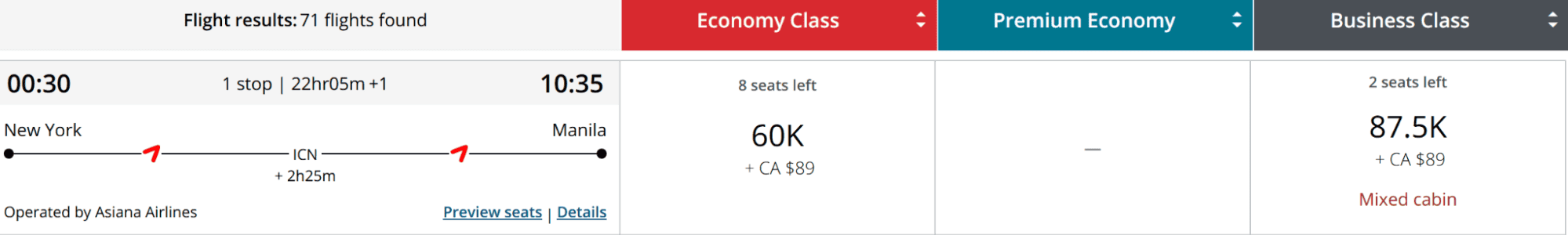 Asiana Airlines flight itinerary from New York (JFK) to Manila (MNL) showing fares for economy and business class.