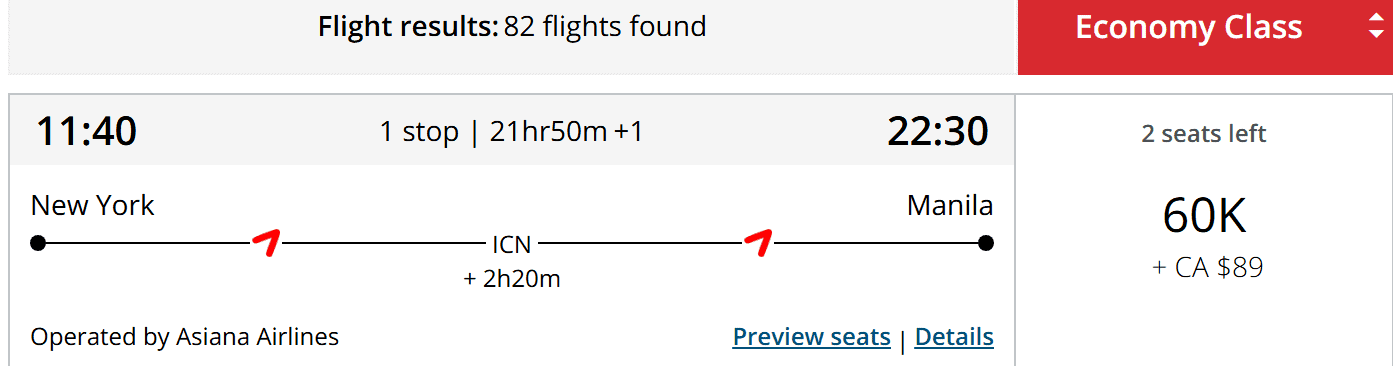 Asiana Airlines flight itinerary with one stop from New York (JFK) to Manila (MNL) in economy class, costing 60,000 miles plus CA $89.