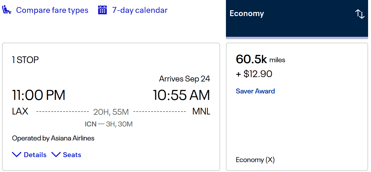 Asiana Airlines flight itinerary with one stop from Los Angeles (LAX) to Manila (MNL) in economy class, costing 60,500 miles plus $12.90.