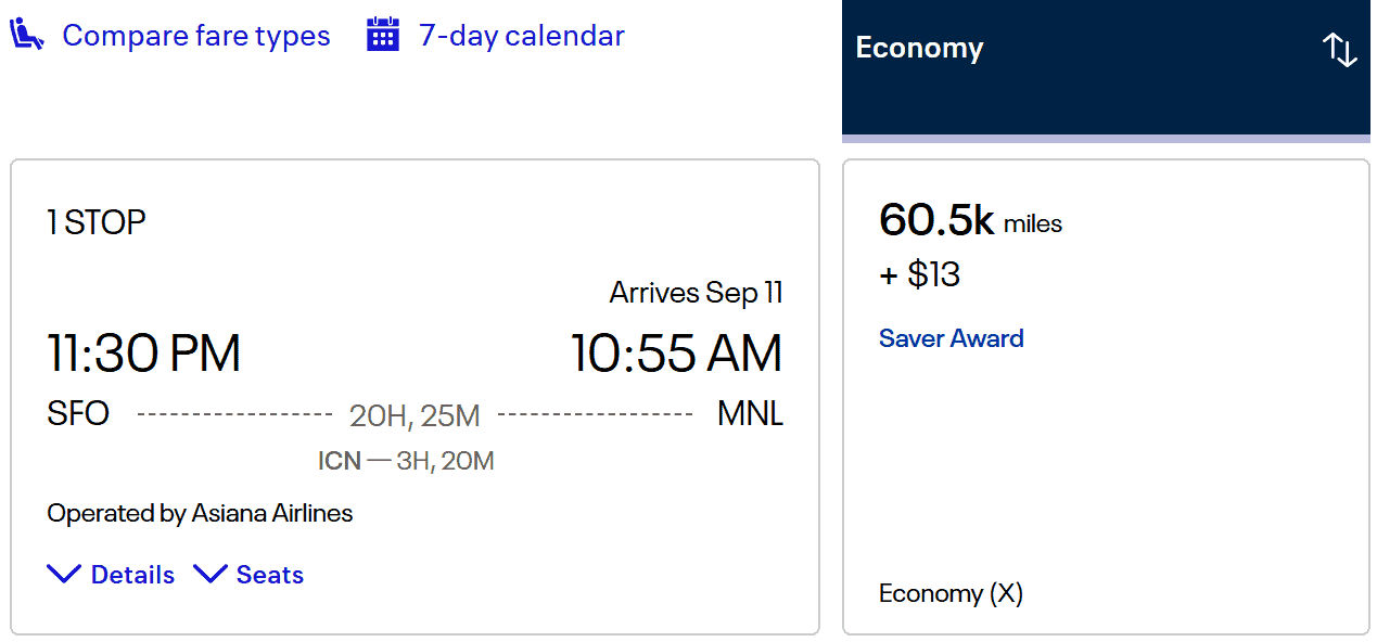 Asiana Airlines flight itinerary with one stop from San Francisco (SFO) to Manila (MNL) in economy class, costing 60,500 miles plus $13.