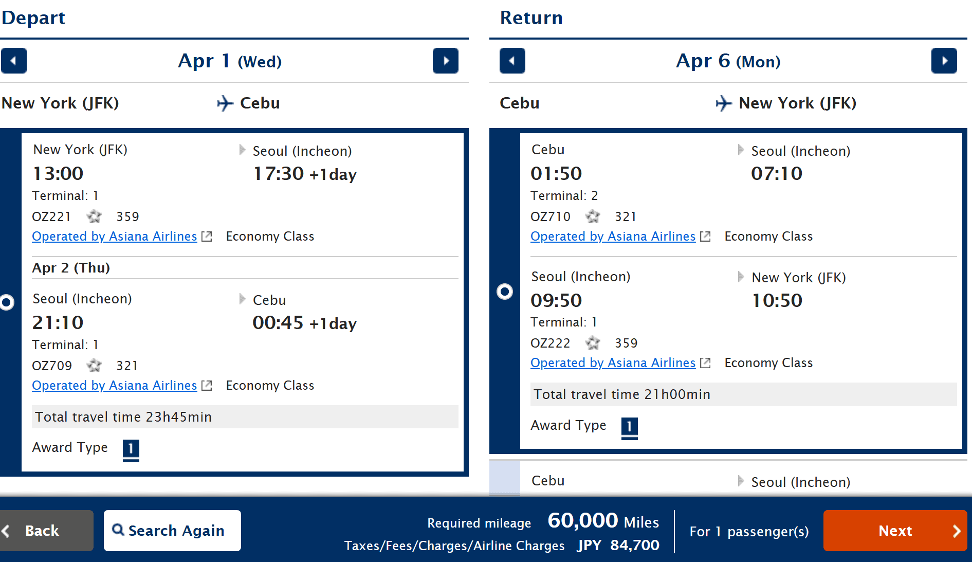 A round-trip flight itinerary from New York (JFK) to Cebu (CEB) operated by Asiana Airlines, showing the required mileage and fees.
