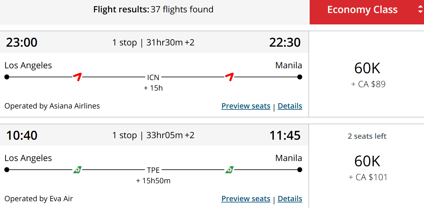 Flight options from Los Angeles (LAX) to Manila (MNL) showing itineraries for Asiana Airlines and Eva Air in economy class.