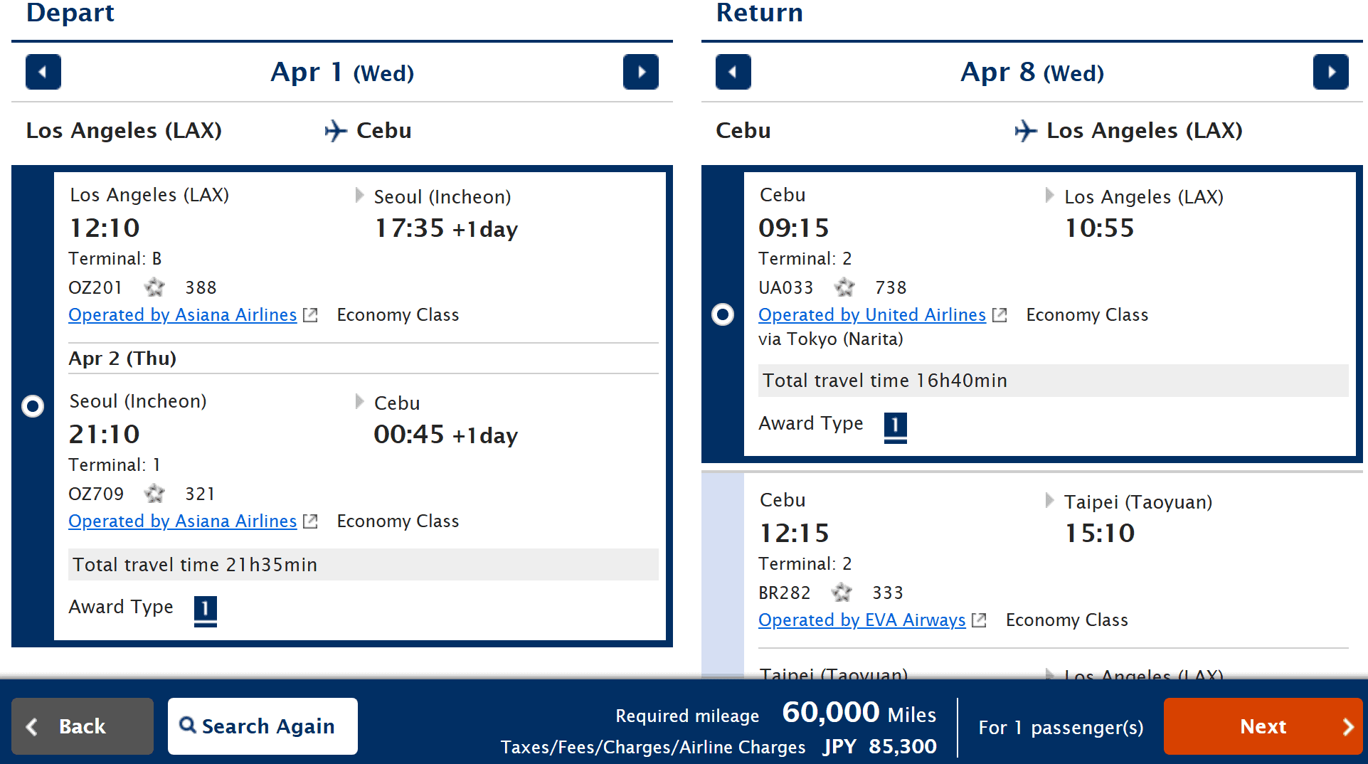 Round-trip flight itinerary from Los Angeles (LAX) to Cebu (CEB) showing flights operated by Asiana Airlines, United Airlines, and EVA Airways.