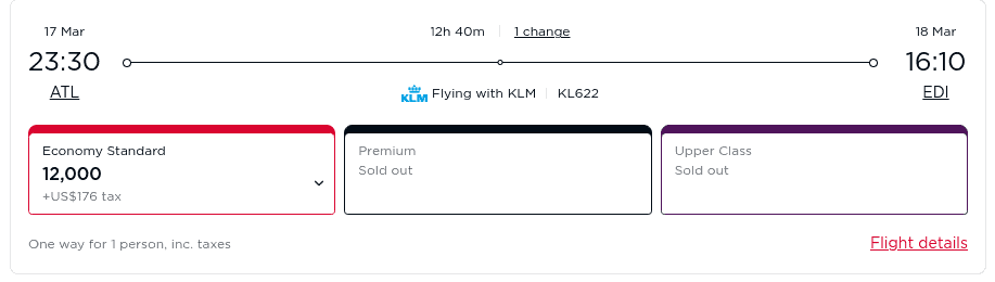 Award flight search showing KLM-operated Virgin Atlantic redemption from Atlanta to Edinburgh using 12,000 points plus $176 tax.
