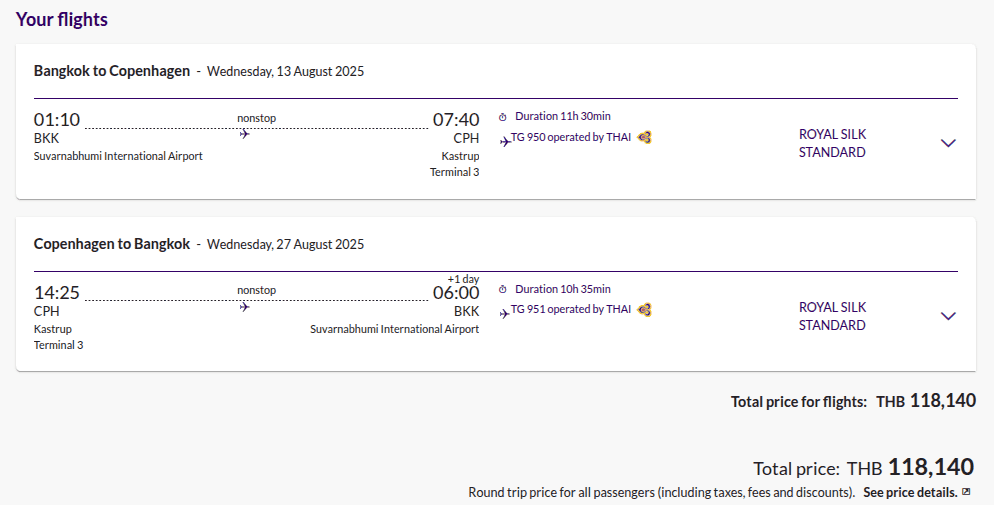 Thai Airways Royal Silk booking page showing nonstop flights between Bangkok and Copenhagen in August 2025.