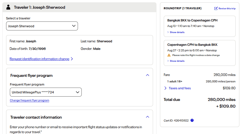 United MileagePlus booking page showing roundtrip business class flights from Bangkok to Copenhagen.