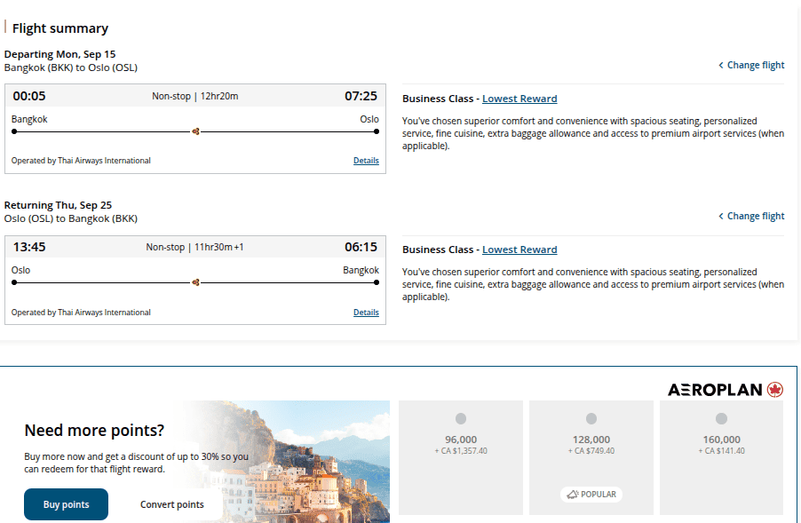 Thai Airways business class itinerary showing nonstop flights from Bangkok to Oslo in September 2025.