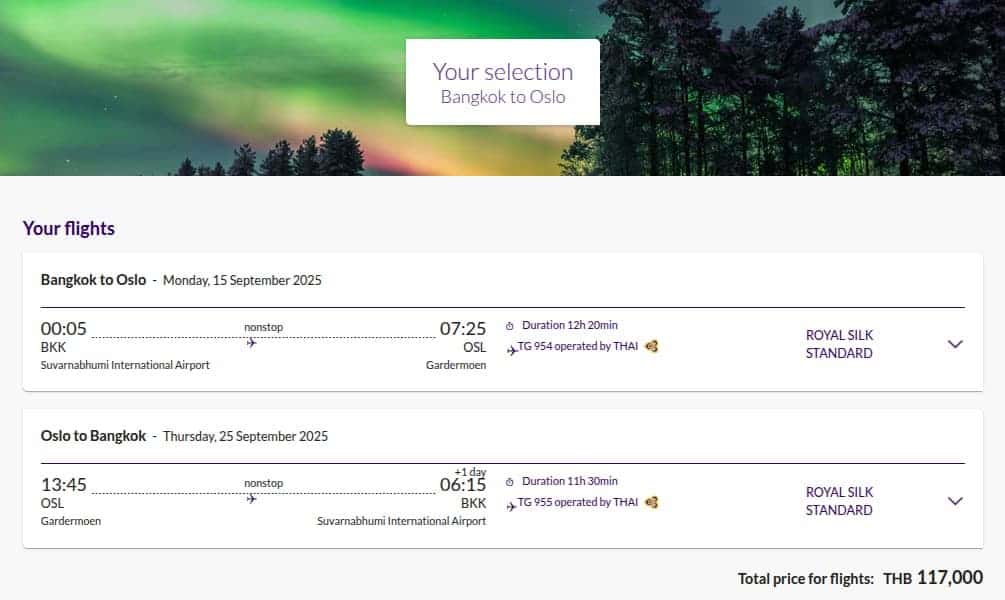 Thai Airways Royal Silk booking screen for nonstop business class flights from Bangkok to Oslo.