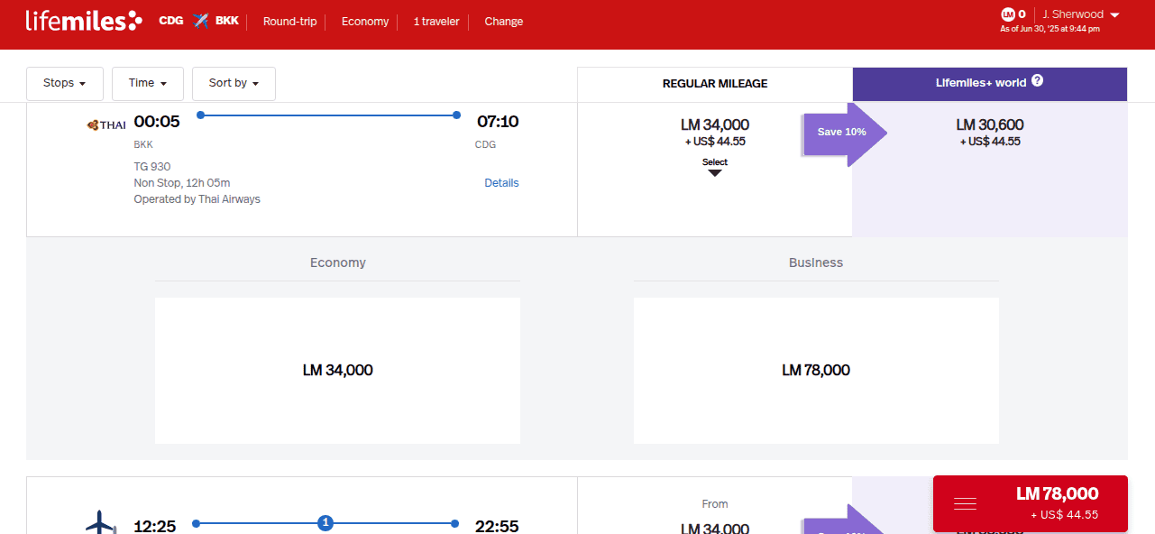 Lifemiles award booking page for Thai Airways business class flight from Bangkok to Paris.
