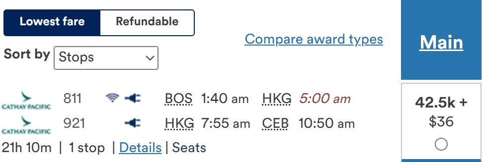 Cathay Pacific flight itinerary from Boston (BOS) to Cebu (CEB) with a layover in Hong Kong (HKG), costing 42,500 miles plus $36.