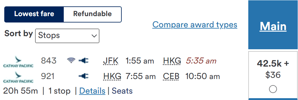 Cathay Pacific flight itinerary from New York (JFK) to Cebu (CEB) with a layover in Hong Kong (HKG), costing 42,500 miles plus $36.