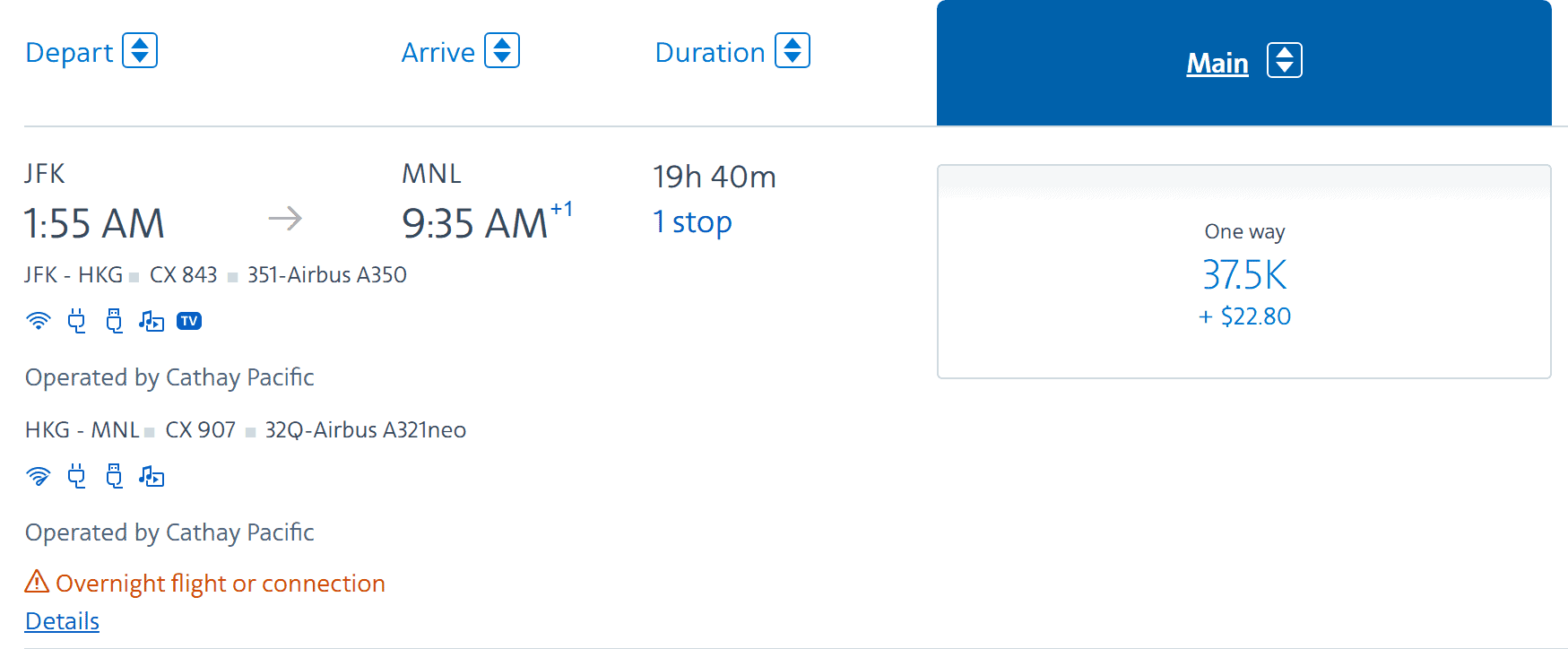 Cathay Pacific flight itinerary from New York (JFK) to Manila (MNL) with a stop in Hong Kong (HKG), costing 37,500 miles plus $22.80.