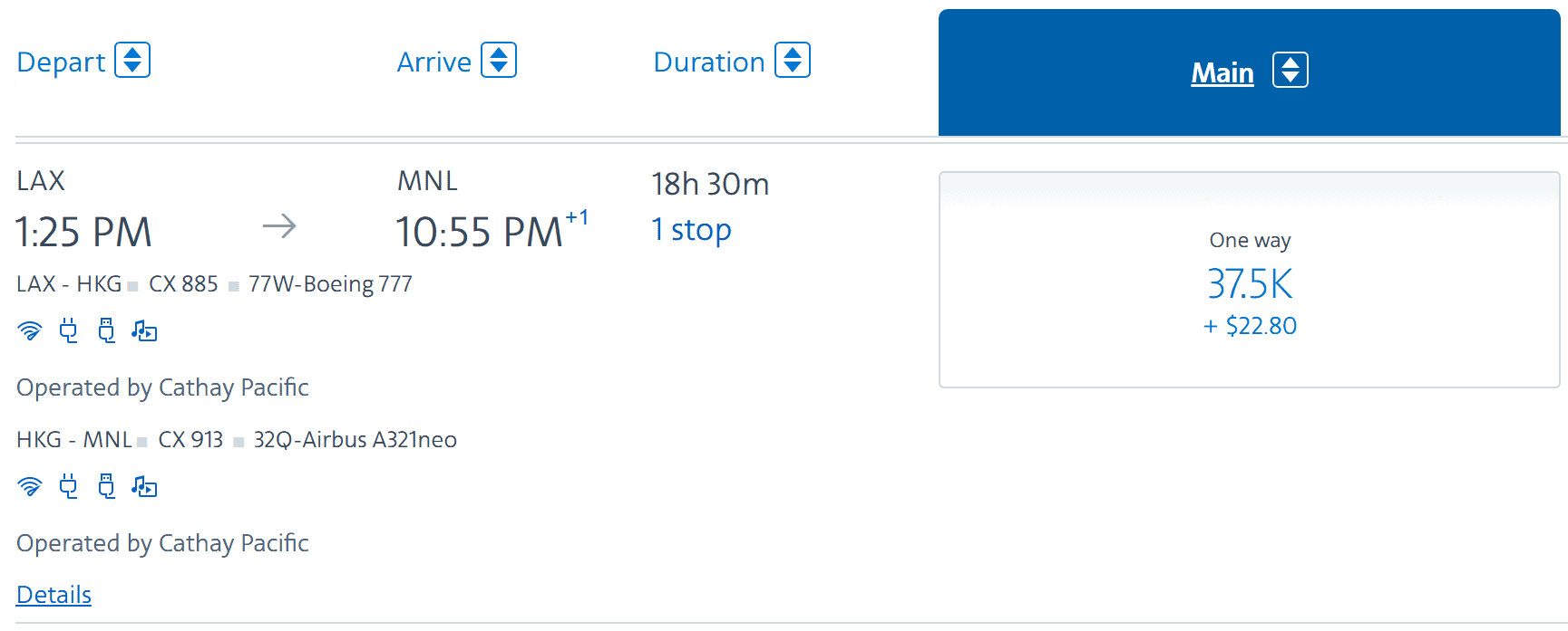 Cathay Pacific flight itinerary from Los Angeles (LAX) to Manila (MNL) with a layover in Hong Kong (HKG), costing 37,500 miles plus $22.80 for the main cabin.